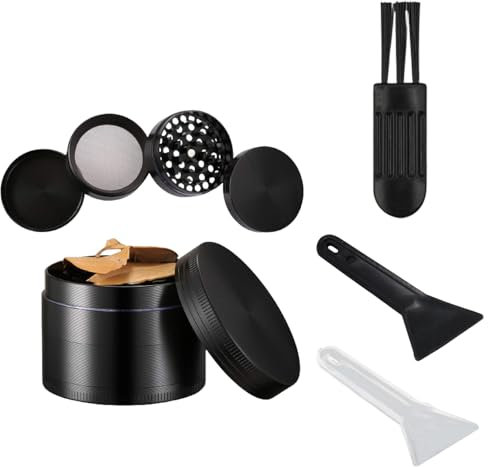 4 Piece Grinder Set with Spatula Pollen Spice Herb Grinder, Small Grinder with Cleaning Tool for Spices, Herbs and Spices as a Gift for Father Friend Husband (Black)