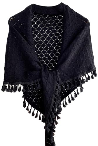 Watreketal Chal, chal con borlas para mujer, reversible, de ganchillo, para primavera, otoño, elegante, chal formal, Negro, Talla única