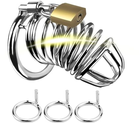 Cage de Chasteté Pénis Sex Toys Cage Chastetée en Métal avec 3 Anneaux de Tailles Différentes Ceintures de Chasteté avec Cadenas et 2 Clés Cage de Chasteté (Silver)