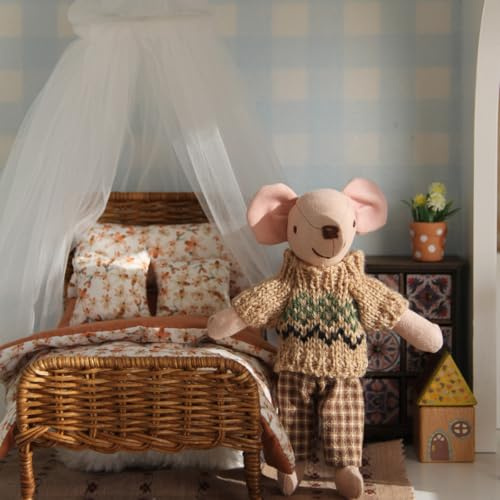 Funky Mini House 1:12 Scale Dollhouse Wicker Bed Handmade Miniature Rattan Bed with Pumpkin Floral Bedding Set for 3-6 Dolls (BJD&Fashion Dolls) Ideal Gift for Doll Collectors | Dollhouse Furniture