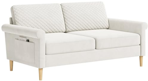 Vesgantti Fabric 2 Seater Sofa, 164cm Loveseat Sofa, Tool-free Assembly | Upholstered Couch with Side Storage Pocket Perfect for Living Room,Bedroom,Office, Apartment,164L*76D*85Hcm,Cream