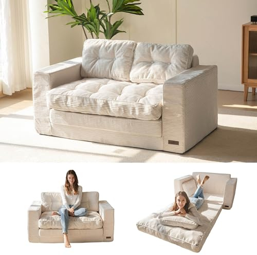 MAXYOYO Sofa Bed, Loveseat Sofa Convertable with 2 Pillows, 2 in 1 Comfy Corduroy Sofa 2 Seater, Floor Lounger Pull Out Sleeping Area 101x196CM, 15cm Thincken Foam