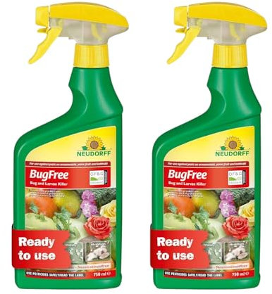 Neudorff BugFree Bug and Larvae Killer – Fast acting Controls Aphids, Whitefly, Spider Mites, Mealy Bugs, Thrips, Scale, Eggs, Larvae-certified for organic use- Ready to use 750ml spray pack of 2