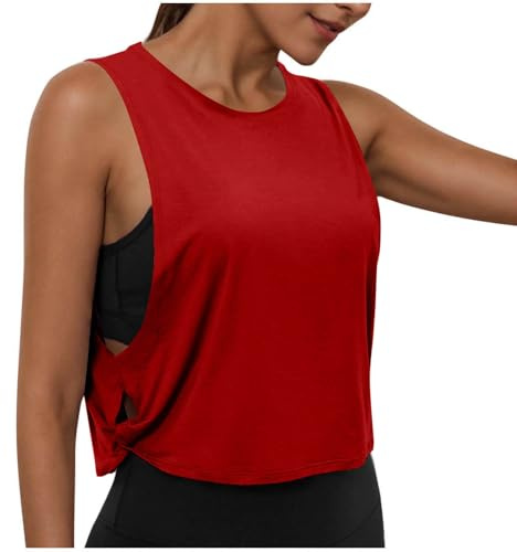 Women's Gym Vest Activewear Sleeveless Tops Basic Casual Workout Tank Top Ladies Loose Fit Sport Jogger Yoga T Shirts Crewneck Tank Tops Breathable Lightweight Tee Shirts Summer Vests Red