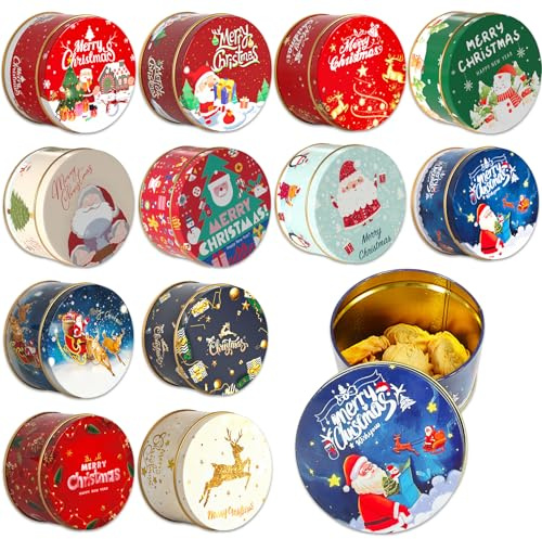 TZEKING 12 st. Julkaksburk med lock, julkakor för kakor och godis, tennlåda, julplåtskort, presentask, färgglada återanvändbara förpackningar