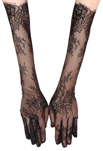 AMateschitz långa spetshandskar vintage spetsar brudhandskar blommor näthandskar eleganta bröllopshandskar långa blomspets operahandskar brud fingerhandskar kvällshandskar, svart, En Storlek