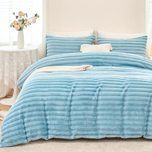 ZRNBAST Fluffy Twin Size Duvet Cover 3 Pieces - Light Blue Fleece Fluffy Bedding Set, Solid Color Velvet Flannel Comforter Cover for Winter, Soft Luxury Fuzzy Heavy Bed Set(Light Blue, Twin)