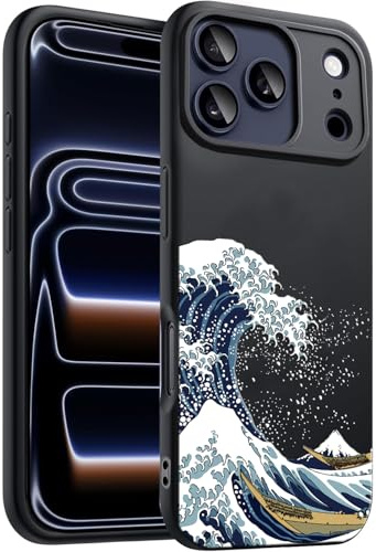 Unov Case Designed for iPhone 17 Pro Max, Black Phone Case with [Anti-Slip Embossed Pattern], Shockproof Slim Protective [Anti-Scratch TPU] Back Cover, Great Wave