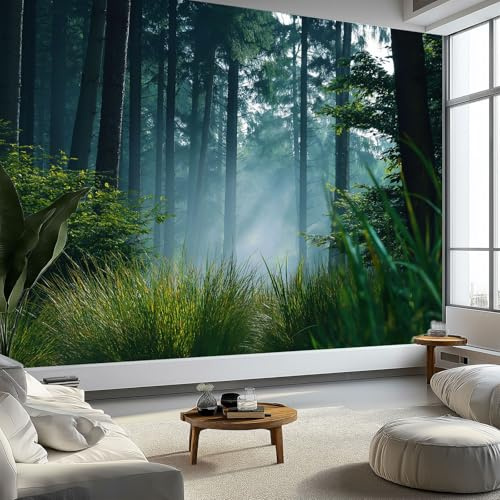 Non-Woven Premium Enchanting Sunlight Forest Photo Wallpaper, 3D Panoramic Custom Gray Green Photo Wallpaper Wall Mural 98 x 69 inch (W x H) - Living Room Background Decoration Poster