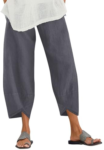 ZANZEA Womens Casual Trousers Cotton Linen Cropped Pants Loose Fit Bottoms | Summer Barrel Leg Trousers ,3/4 Capri Balloon Pants with Pockets,Straight Elasticated Waist Chino for Beach Lounge Yoga