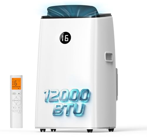 DOMANKI Climatiseur Mobile 12000 BTU, 3-en-1 : Refroidissement & Ventilation, pour 50m², Mode Nuit 48dB, Déshumidification 42L/J, Minuteur 24h, avec Kit Fenêtre & Tuyau d’Évacuation