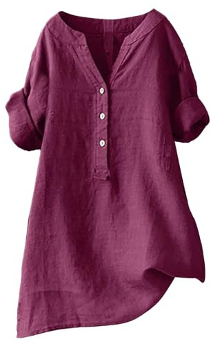 Tunika i linne för damer, modern oversize-blus i stora storlekar, långärmad sommarblus med V-ringning och elegant vintage-look, festlig topp, röd, XXL