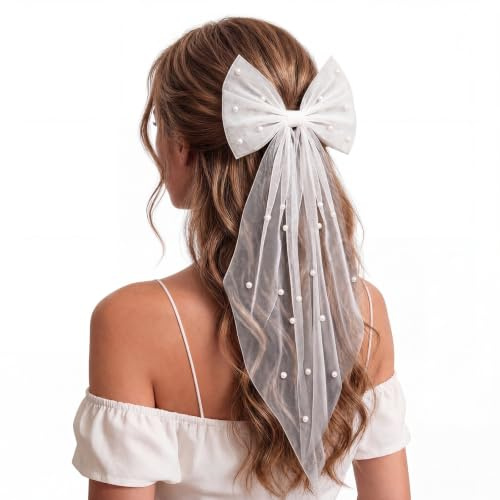 Bridal Veil, White Bow Wedding Veil with Pearl, 17 Inch Tulle Short Hen Party Veil with Hair Clip, Bride to Be Veil for Hen Party Accessories, Wedding & Bachelorette