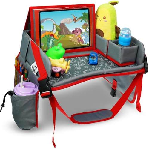 DMoose - Bandeja de viaje para niños y bebés, base acolchada cómoda, paredes laterales, bolsillos de malla para aperitivos, soporte para tablet, carriola, juego de avión y área de aprendizaje