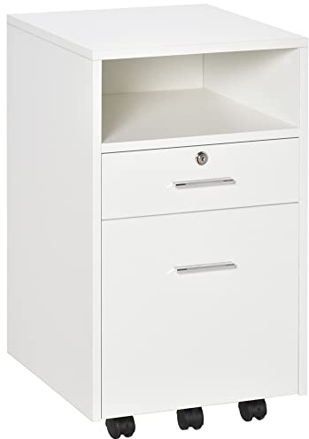 Vinsetto Schedario da Ufficio con 2 Cassetti, 5 Ruote e Ripiano Aperto, Cassettiera Ufficio con Serratura e 2 Chiavi per Lettera/Formato A4, Armadietto Verticale per Studio, 39x40x65 cm, Bianco
