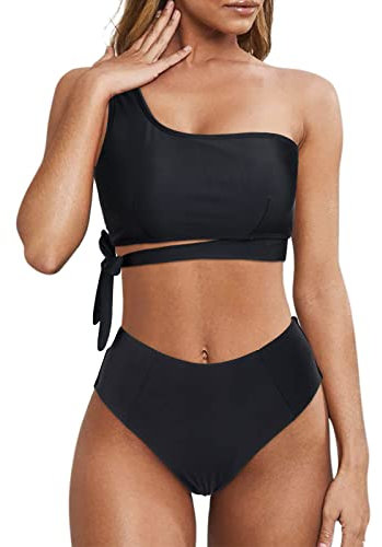 Wantonfy Damen Bikini Sets High Waist Schwimmanzug Zweiteiliger Badeanzug EIN Schulter Bademode Swimsuit, Schwarz,XL