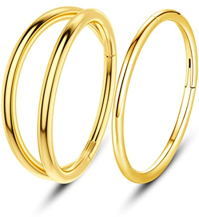 OUFER 2pcs 8mm Cartilage Helix Hoop Earrings 16G Orbital Conch Ring Tragus Daith Piercings Jewellery Rook Snug Forward Helix Hinged 316L Surgical Steel Septum Clicker Gold Nose Ring 1.2mm