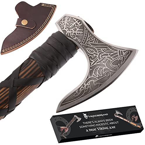 Hacha barbuda vikinga auténtica, acero al carbono 1095, dureza RC 55-58, incluye cubierta de piel, 21.6 pulgadas