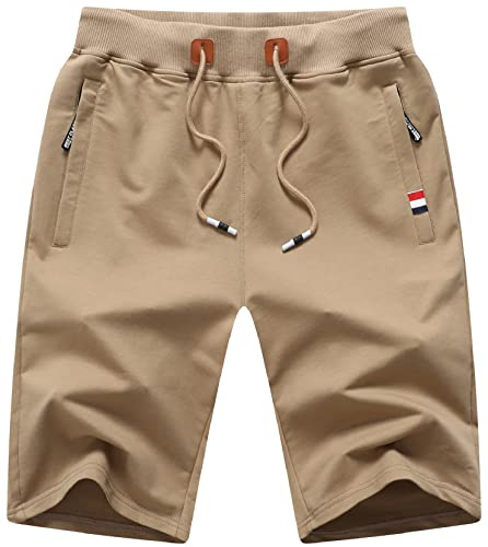 ZOXOZ Short Sport Homme Running Coton Course Pantalon Court avec Poches Zippées et Taille élastique pour Fitness Kaki S