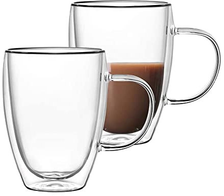 Hniuyun 2-Pack Glass Coffee Mugs, Double Walled Insulated Layer Coffee Cups with Handle, Clear Glass Cups for Cappuccino,Tea,Latte,Espresso,Hot Beverage (350ML)