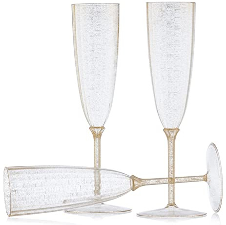 Decor Decorline - 96 calici da spumante in plastica premium con manico in oro glitterato, riutilizzabili, bicchieri da champagne per matrimoni e feste, 170 ml - riutilizzabili e stabili