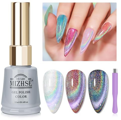 MIZHSE Cat Eye UV Gel Nagellack 12ml Regenbogen Cateye UV Gel Set Holografisches 9D Cateye Magnet Nagellack Chamäleon Glitter Katzenaugen Gel für Nageldesign Sparkle Gel Polish mit Magnetstift