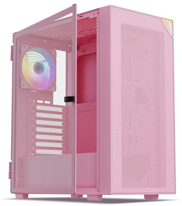Vetroo AL800 Mid Tower ATX PC Computer Case - Door Opening Design Tempered Glass, Adjustable LED Strip, Pre-Installed ARGB & PWM FDB Fan in Rear, Support for 50 Series GPUs - Pink