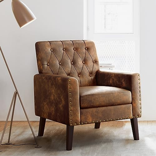 LUE BONA Upholstered Faux Leather Accent Chair 18.5 H, Button Tufted Armchair, Comfy Living Room Chair with Arms, Modern Arm Chairs for Bedroom, Living Room, Small Space Yellowish Brown