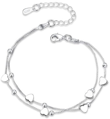 Silber 925 Armband Herz für Damen - Herz Silber Armband Verstellbare Layered Armbänder 17+5cm Armschmuck Armband Damen Silber Armband für Frauen Freundschaftsarmband Geschenke für Frauen und Mädchen