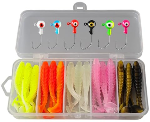 GIONAR 37 Pcs Fishing Lures Set, 30 Soft Plastic Lures, 6 Jig Heads, Storage Box, Freshwater/Saltwater