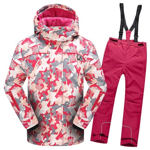 L SERVER Combinaisons de Neige Enfant Fille à Capuche Coupe-vent et Imperméable Combinaison de Ski Garçon en Polaire Chaude Vêtements de Ski, Veste rose + pantalon rouge rosé, 10-11 ans