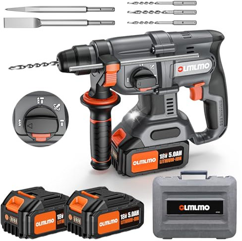 Olmlmo Taladro Percutor a Bateria, 4 en 1 Kit de Martillo Percutor Multifunción con 2*Baterías 5,0Ah, SDS-Plus 3J Taladro Percutor Inalámbrico para Hormigón Albañilería con Embrague de Seguridad