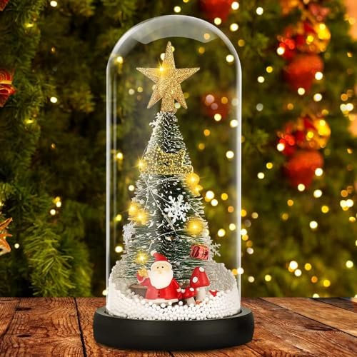 COYBTO Weihnachtsbaumschmuck,Mini Weihnachtsbaum in Glaskuppel auf Holzsockel,Weihnachtsbaum für den Tisch mit LED Lichtern,Geschenk für Tischdekoration,Partydekoration,Weihnachten