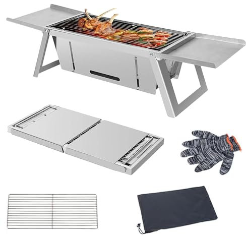 TEOV Mini Barbecue Grill 73x21x17,5 cm, Tragbarer klappbarer Edelstahl Holzkohle BBQ Grill für Camping Picknick Terrasse Reisen