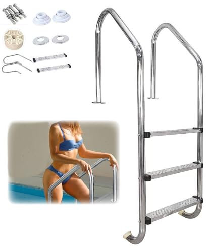 Edelstahl Poolleiter，Pool Leiter Edelstahl Mit Im rutschfeste GummioberfläChe, Kein Bohren nötig, Inkl Montagematerial & Kunststoffanker, Pool Treppe für Pool & Schwimmbecken (Stufe 3)