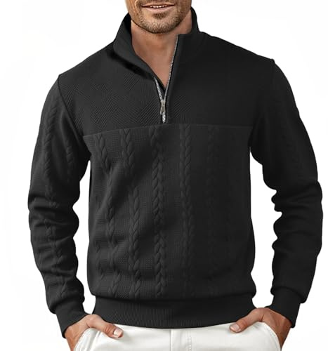 Halfword Pulls Homme Zip Pullover Tricoté Pull à Manches Longues pour Hommes Jacquard Sweatshirts Noir 2XL