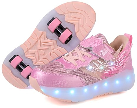 ENEN Roller Skate Shoes for Boys & Girls, Fashion Skateboarding Roller Shoes for Kids Outdoor Parkour with 4 Wheels Retractable Skating for Children's Sports Walking (Pink,1.5)