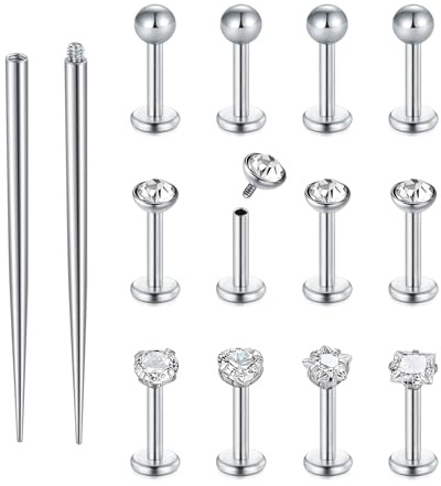 Funseedrr 12 stycken läppstift & labretpinnar med piercingtejp, rostfritt stål och zirkon 16G 6/8/10 mm silver/guld/svart för Helix Tragus Labret öronplugg läpp näsa piercingsmycke, 16G, 6/8/10 mm
