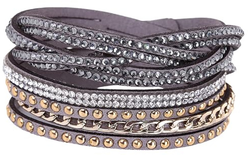 Generico Bracciale Uomo Pelle, Bracciale Avvolgente In Pelle Multistrato, Fatto A Mano, Con Strass E Chiusura Magnetica, Gioiello In Cristallo Fatto A Mano, Regalo Per Donne, Ragazze, Grigio