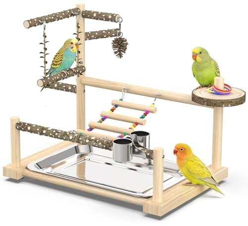 Bird Playground, Parrot Playstand Cockatiel Playground, Bird Play Stand with Feeder Cups, Swings, Ladder and Removable Tray, Parrot Perch Stand for Parakeet Conure Lovebird Budgie