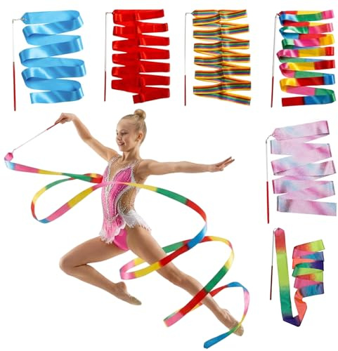 UxuoQxa Tanzband, Gymnastikband mit Stab, Rhythmische Sportgymnastik Band, 6 Stück Tanzbänder mit Stab, Turn Zubehör, 2 Meter Länge, Glitzersterne und Regenbogenstreifen