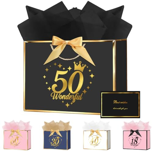 OFFCUP Födelsedagspresentpåse, 28 x 20 x 10 cm 50-årsdag presentpåse med gratulationshandtag och 3 omslag och 1 kort, lyxiga papperspåsar med handtag för flickor kvinnor bröllopsfest jul alla hjärtans