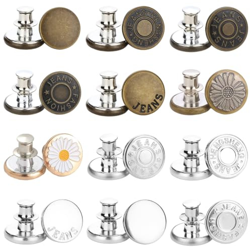 12 Piezas Botones para Vaqueros sin Costura, 17mm Botones de Presión Metálicos para Ajustar Cintura de Pantalones, Ajustador de Cintura Instantáneo para Jeans y Faldas, Estilo Vintage Daisy y Letras