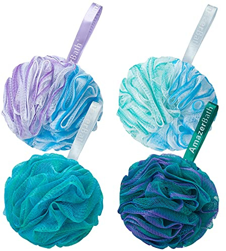 AmazerBath Loofah Sponge 75g/Piece, Exfoliating Bath Sponge Body Scrubber - Loofa Set of 4 Flower Color (Large, Green-Purple)