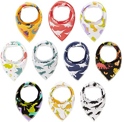 Maiwa 10-Pack Dinosaur Bandana Bibs for Baby Boys for Drooling Feeding and Teething