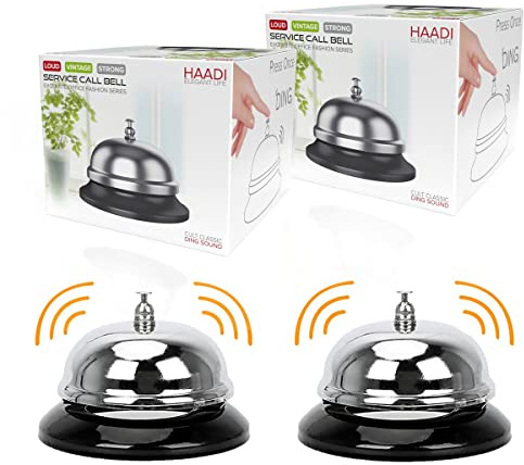 Reception Call Bell Pack of 2 Stainless Steel Hand Held Desk Service Bell Attention Call Ringer Counter Bell for Hotels, Schools, Restaurants, Reception Areas, Hospitals, Warehouses & Bars