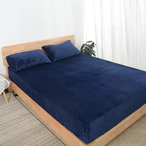 Nayoroom Spannbettlaken Plüsch 90x200cm Dunkelblau Flauschig Fleece Winter Spannbetttuch Cashmere Touch Flanell Bettlaken für Boxspringbett Topper Matratze bis 25cm