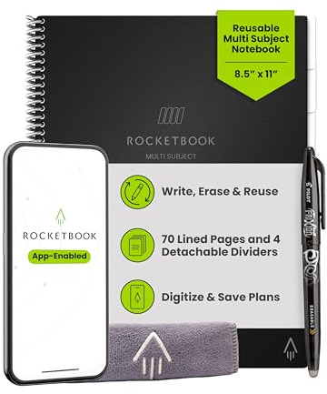 Rocketbook Multi-Subject Wiederverwendbares Notizbuch - A4 Notizblock, 70 Linierte Seiten und 4 abnehmbare Trennblätter, inklusive FriXion-Stift und Mikrofasertuch