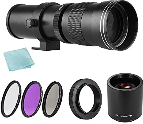 Andoer Objectif zoom MF super téléobjectif F/8,3-16 à baïonnette T 420-800 mm + jeu de filtres UV/CPL/FLD + 2 objectifs téléconvertisseur 420-800 mm + bague d'adaptation T2-AI pour appareils photo