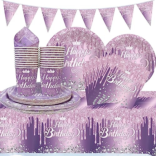 DUGEHO Stoviglie Compleanno per Feste Viola Stoviglie Carta Set Include Piatti di Carta Tovaglioli Tazze Tovaglia, per Compleanni Matrimonio Nascita Battesimo Party ect (20 Ospiti)